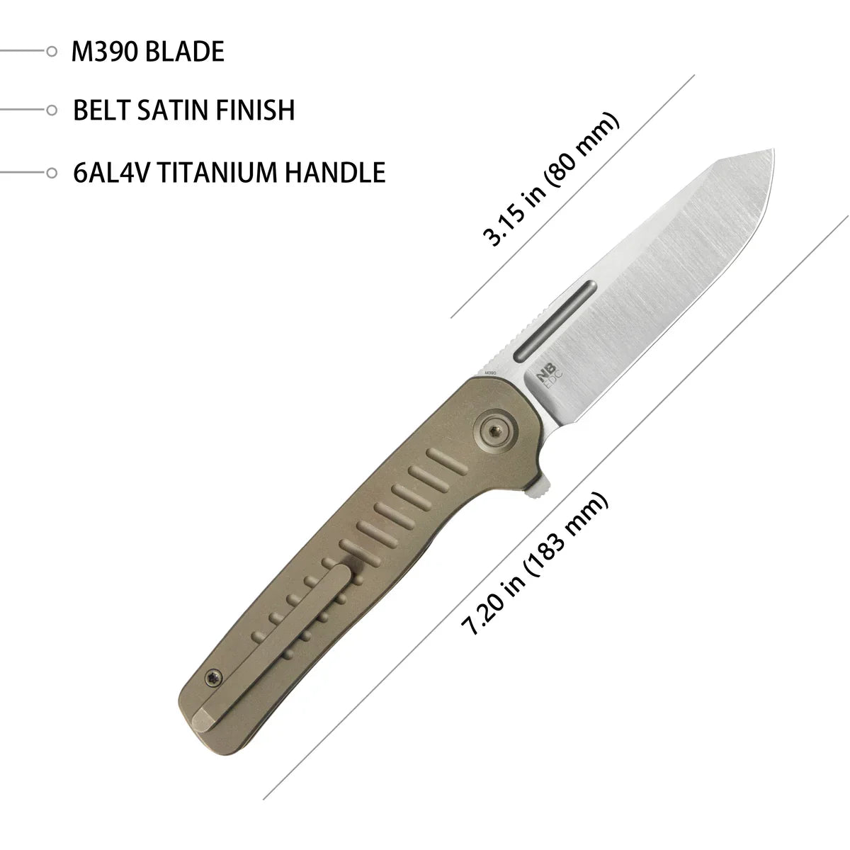 KB Steelhead Folding Knife 3.15" M390 Reverse Tanto Belt Satin Blade Bronze Titanium Handle KB315D