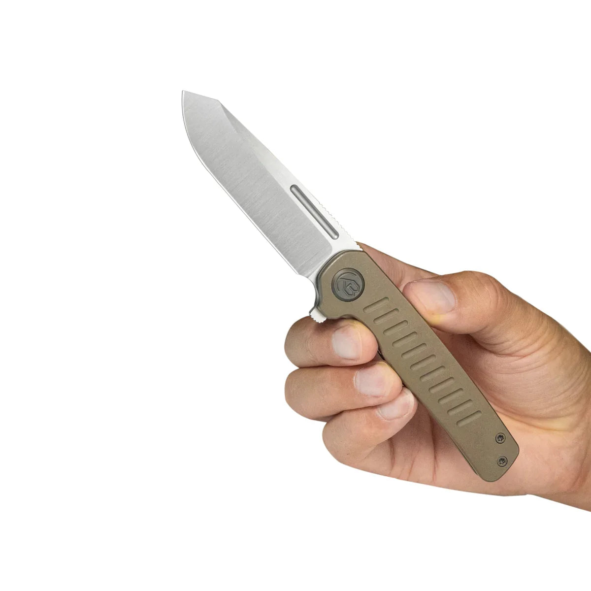 KB Steelhead Folding Knife 3.15" M390 Reverse Tanto Belt Satin Blade Bronze Titanium Handle KB315D