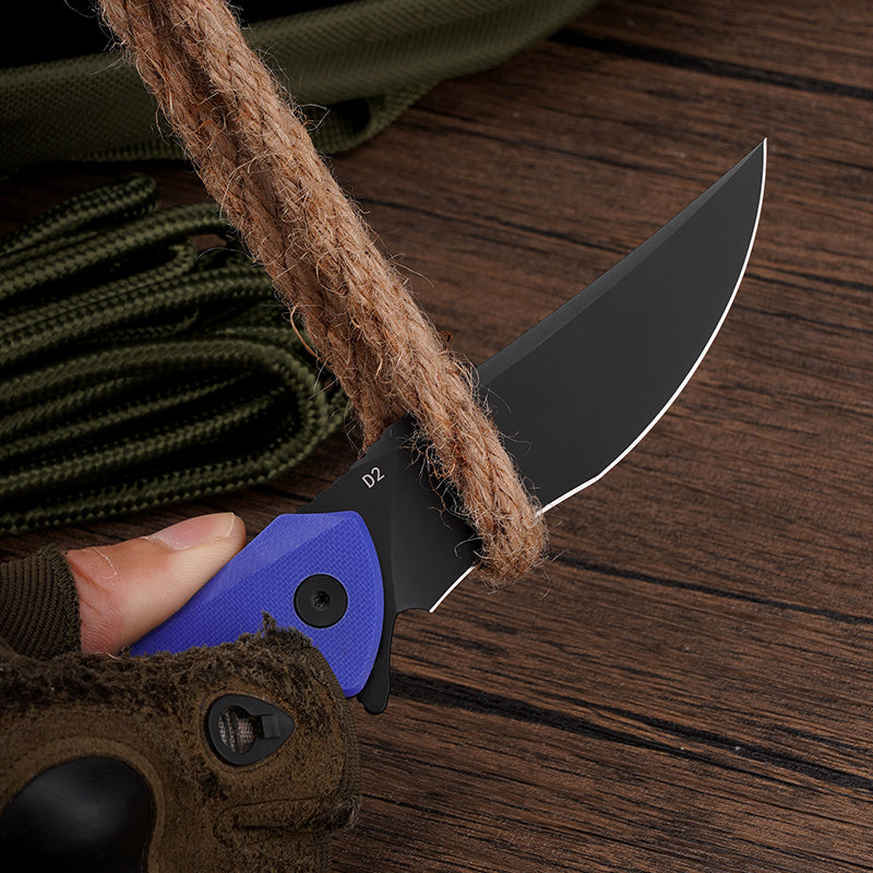 Klaken Falcon KL-02-BlueG10 blade detail – black PVD D2 cutting rope