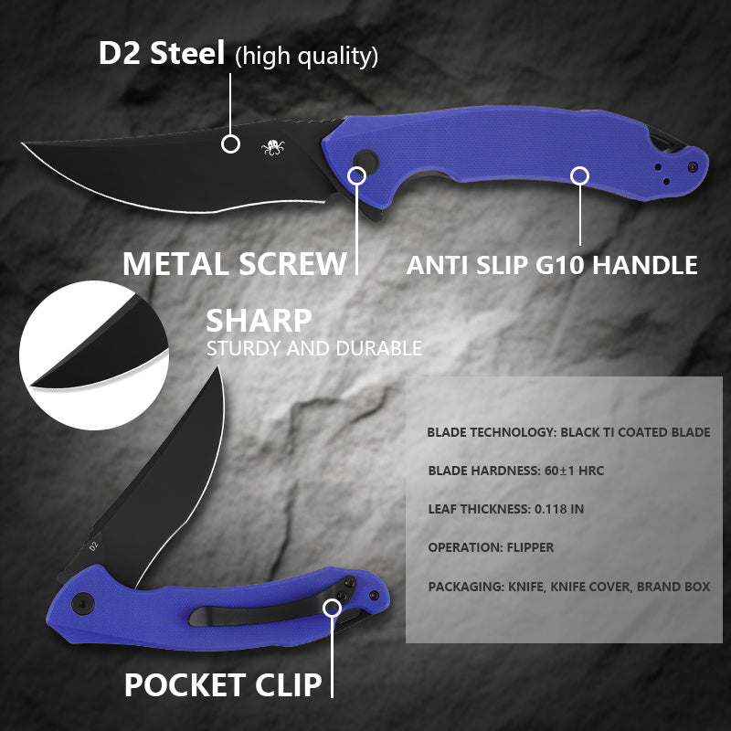 Klaken Falcon KL-02-BlueG10 blue G10 handle and D2 blade details
