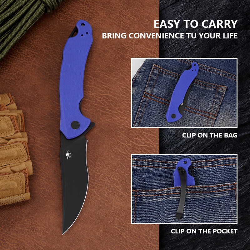 Klaken Falcon KL-02-BlueG10 front view – 3.86″ black PVD D2 folding knife with blue G10 handle
