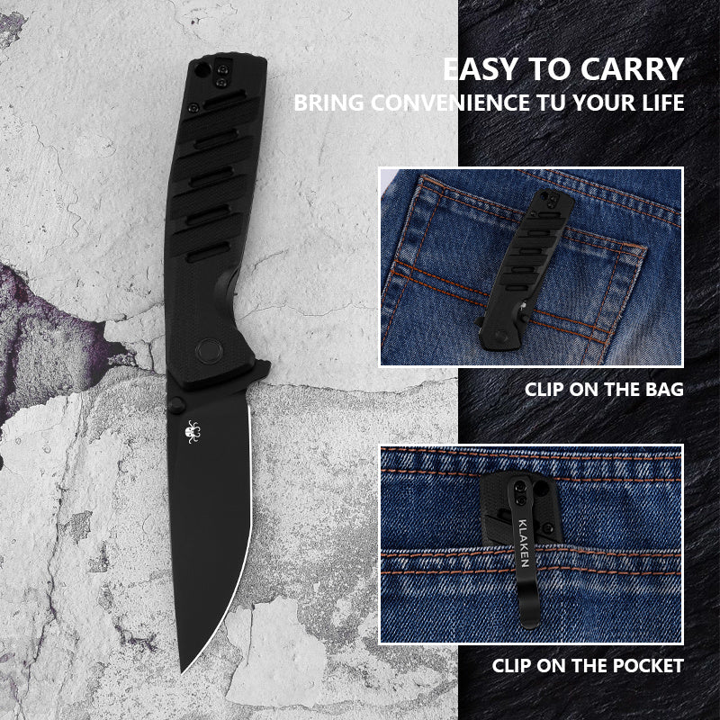 Klaken Ranger KL-03-BlackG10 front view – 3.54″ black Ti D2 folding knife