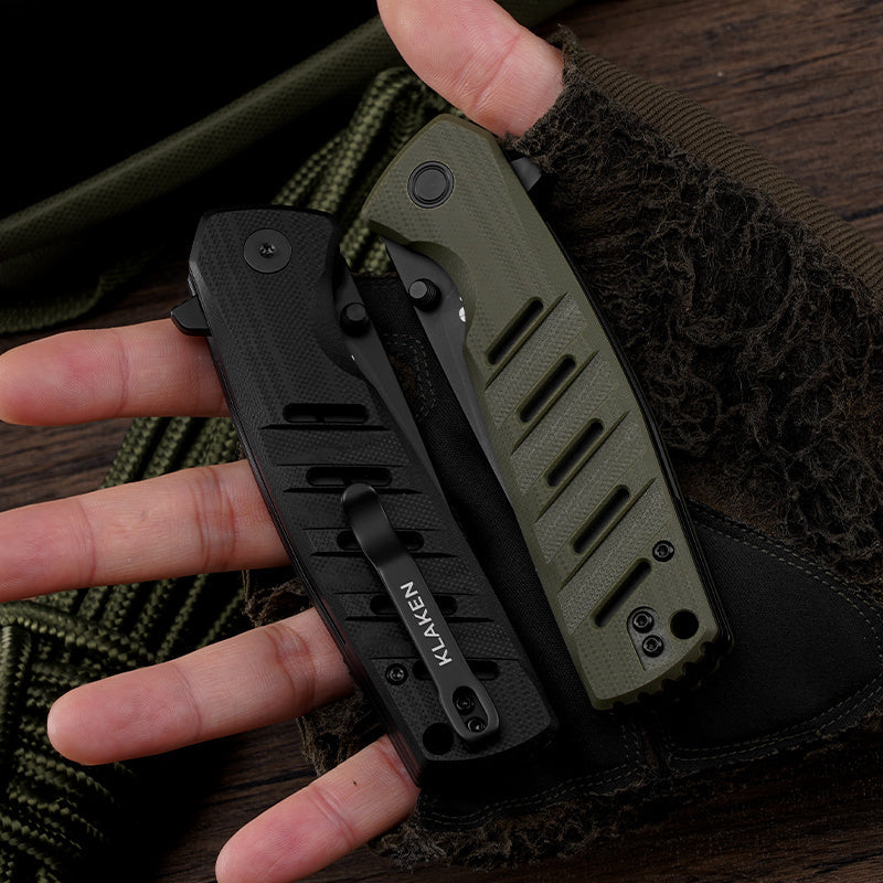 Klaken Ranger KL-03-GreenG10 closed view with deep-carry pocket clip