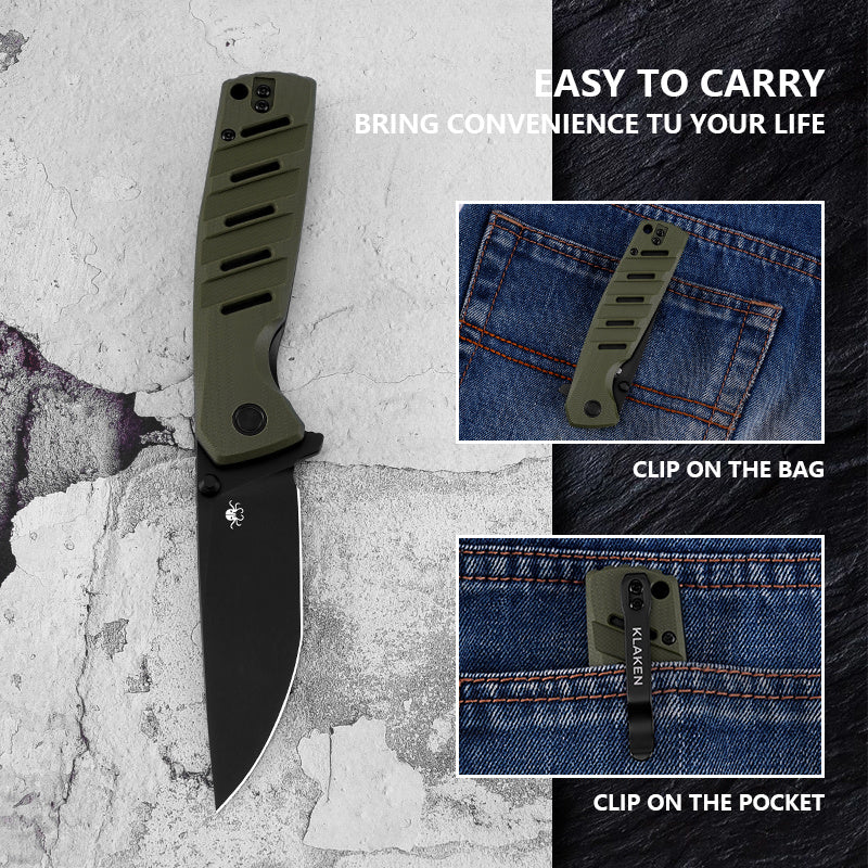 Klaken Ranger KL-03-GreenG10 front view – 3.54″ black Ti D2 folding knife with OD green G10 handle