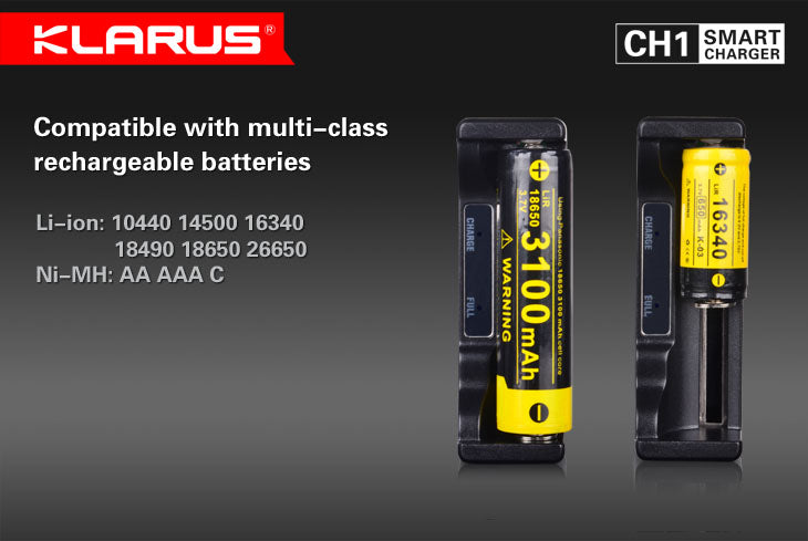 Klarus CH1 Smart Charger & Power Bank compatible batteries – Li-ion 10440 to 26650 and Ni-MH AA, AAA and C
