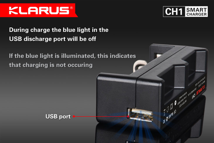 Klarus CH1 Smart Charger & Power Bank USB discharge port and blue charging indicator detail