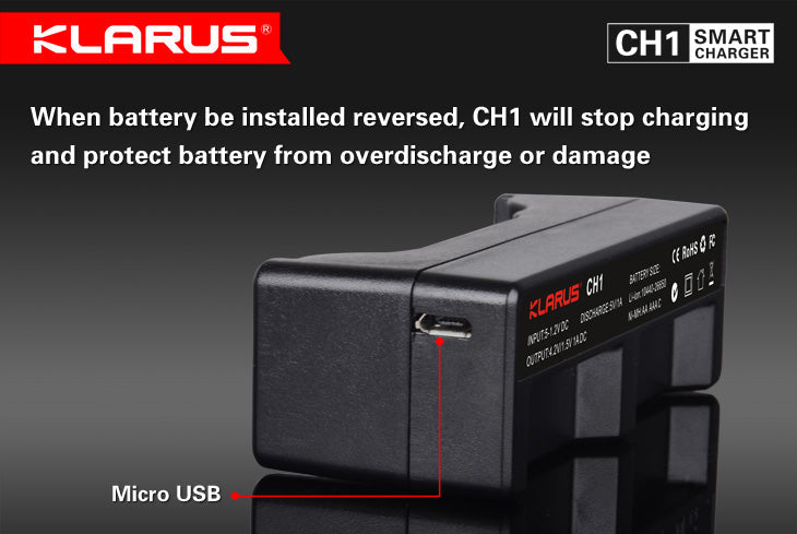 Klarus CH1 Smart Charger & Power Bank Micro USB input port and reverse polarity protection detail