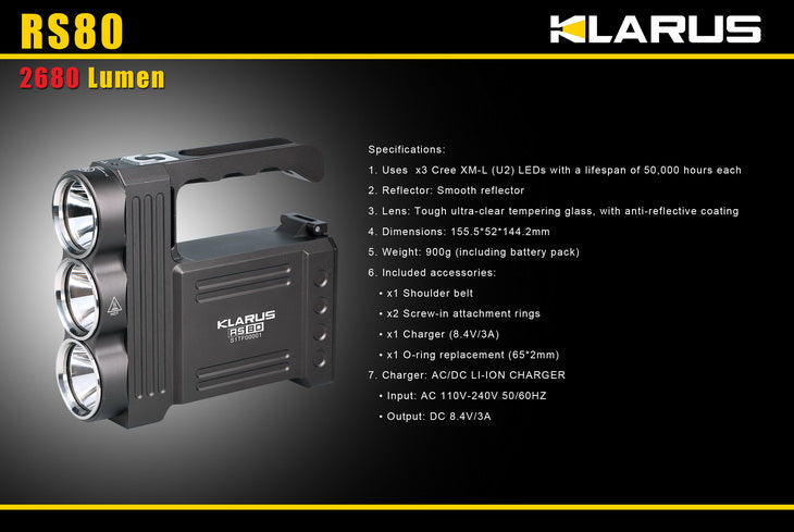 Klarus RS80 2680 Lumen Triple CREE XM-L U2 LED Rechargeable Flashlight