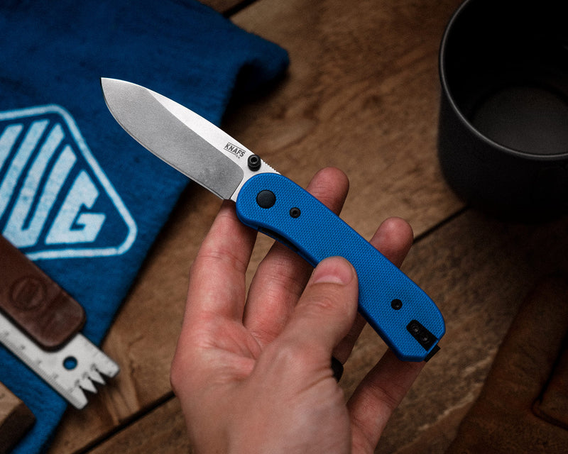 Knafs Lander 1 KNAFS-00065 – 2.75" D2 Drop Point Pocket Knife with Blue G10 Handles