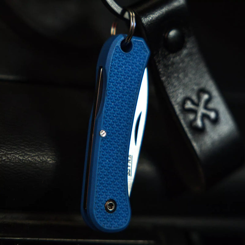 Knafs Lander 6 KNAFS-00424 – 1.55" 4034SS Drop Point Mini Keychain Knife with Blue FRN