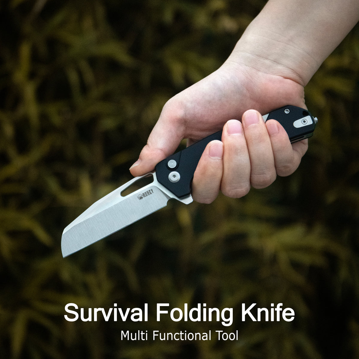 Kubey 10-8 Button Lock Folding Survival Knife 3.15" 14C28N Satin Sheepsfoot Blade Black G10 Handle KU363A