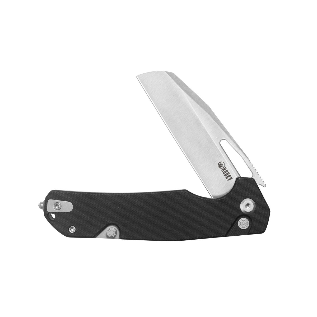 Kubey 10-8 Button Lock Folding Survival Knife 3.15" 14C28N Satin Sheepsfoot Blade Black G10 Handle KU363A