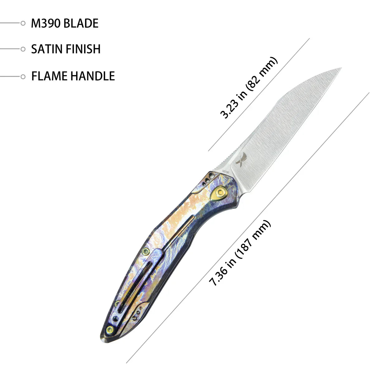 Kubey Barracuda Folding Knife – 4.02″ M390 Tanto Blade, Colorful Flame Titanium