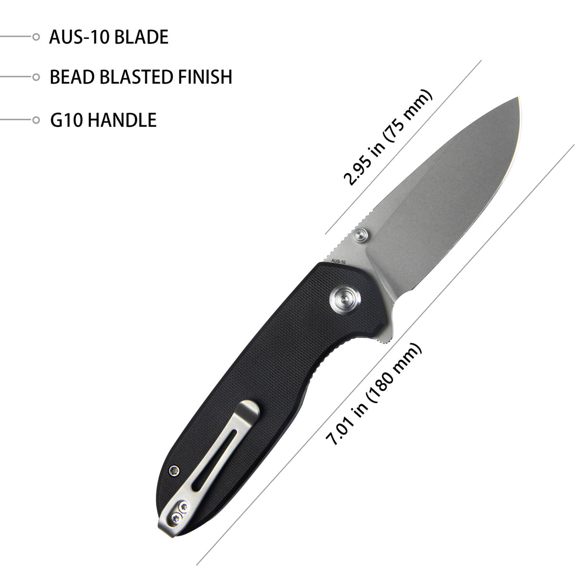 Kubey Belus KUB342A EDC Folding Knife – Black G10, 3.39″ D2 Blade