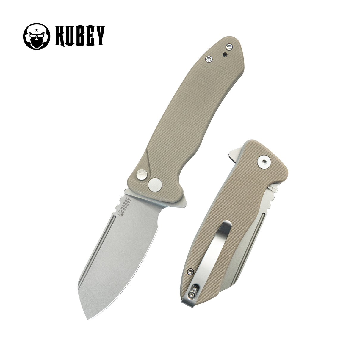 Kubey Creon Small Pocket Knife 2.87" AUS-10 Beadblasted Blade Tan G10 Handle Button Lock KU336K