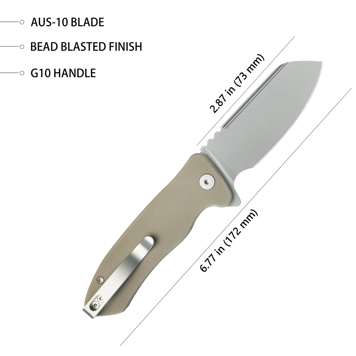 Kubey Creon Small Pocket Knife 2.87" AUS-10 Beadblasted Blade Tan G10 Handle Button Lock KU336K