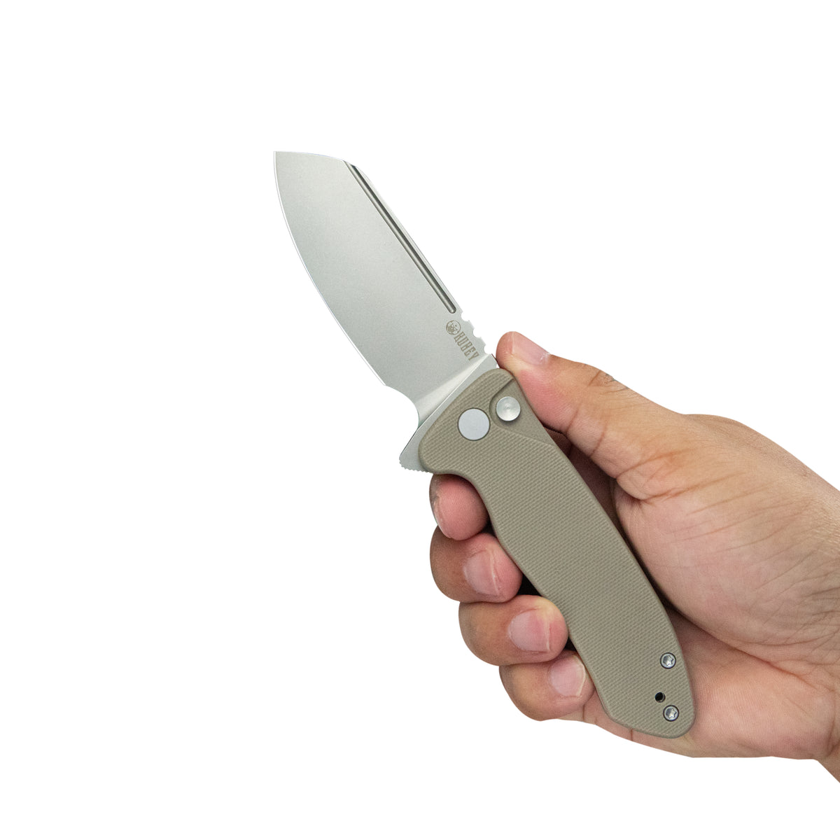 Kubey Creon Small Pocket Knife 2.87" AUS-10 Beadblasted Blade Tan G10 Handle Button Lock KU336K