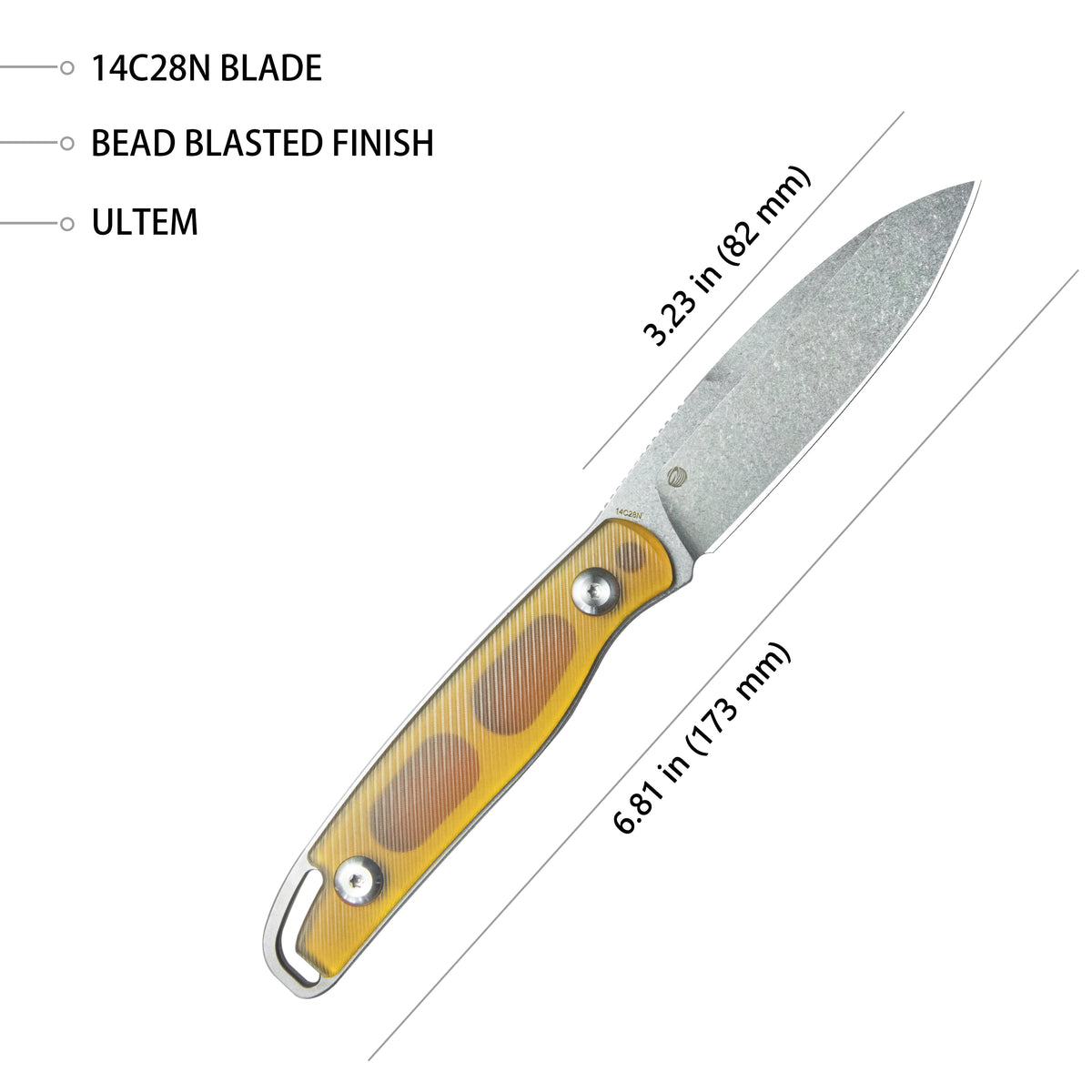 Kubey Dust Devil Fixed Blade Knife 3.23" 14C28N Spear Point Beadblast Ultem Handle KU357C
