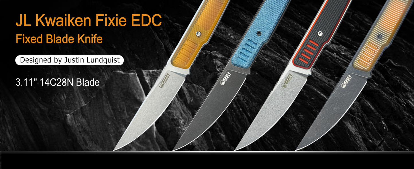 Kubey JL Kwaiken Fixie Fixed Blade Knife Blue Micarta Handle 3.11" Blackwash 14C28N KU355B