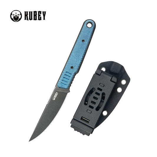 Kubey JL Kwaiken Fixie Fixed Blade Knife Blue Micarta Handle 3.11" Blackwash 14C28N KU355B