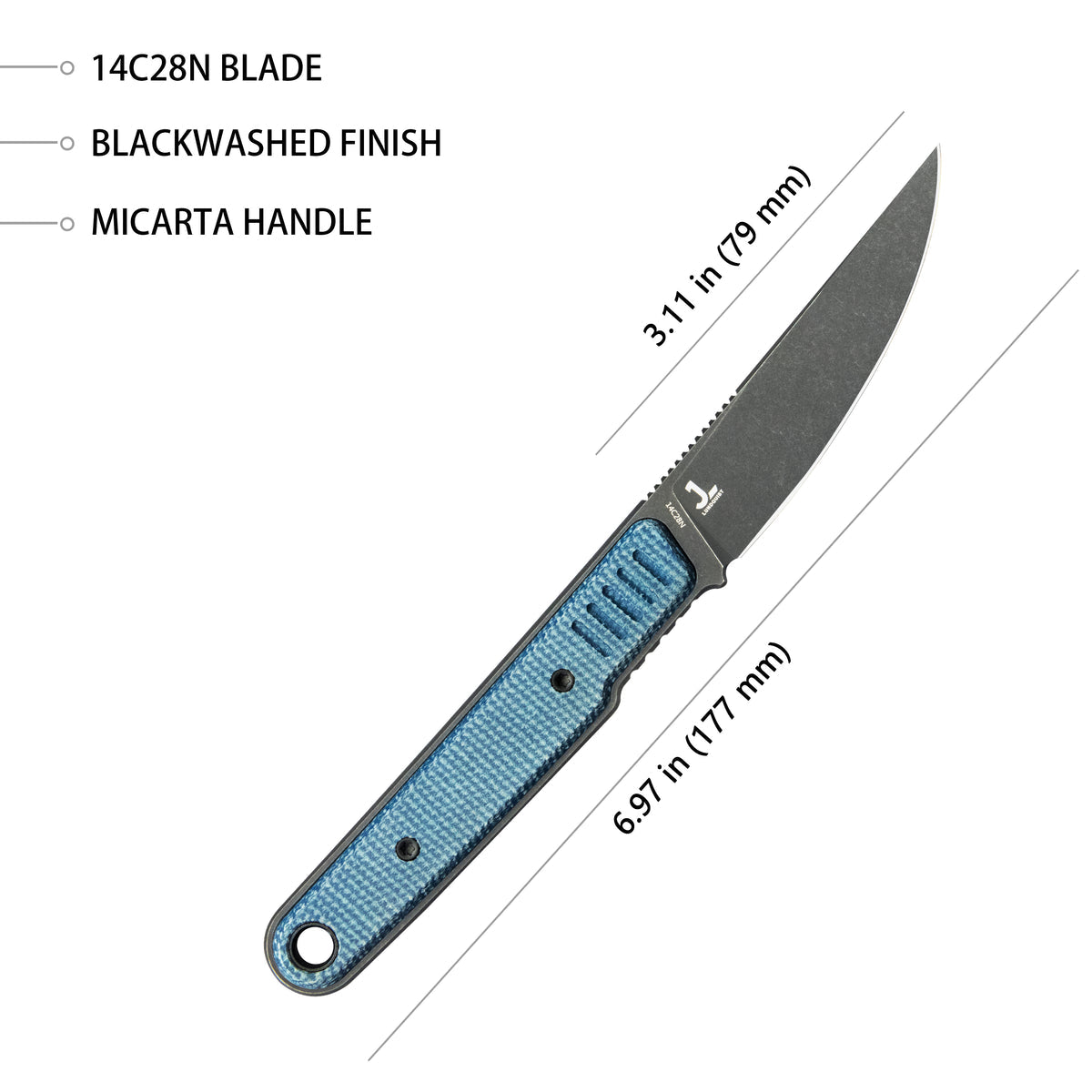 Kubey JL Kwaiken Fixie Fixed Blade Knife Blue Micarta Handle 3.11" Blackwash 14C28N KU355B