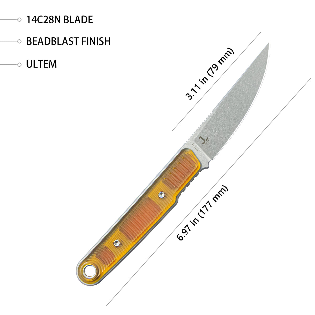 Kubey JL Kwaiken Fixie Fixed Blade Knife Ultem G10 Handle 3.11" Beadblast 14C28N KU355C