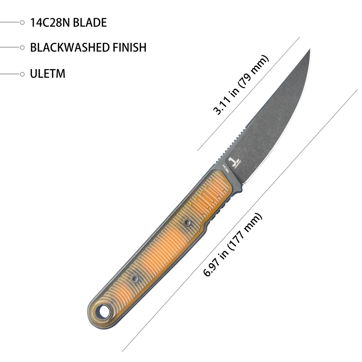Kubey JL Kwaiken Fixie Fixed Blade Knife Ultem G10 Handle 3.11" Blackwash 14C28N KU355D