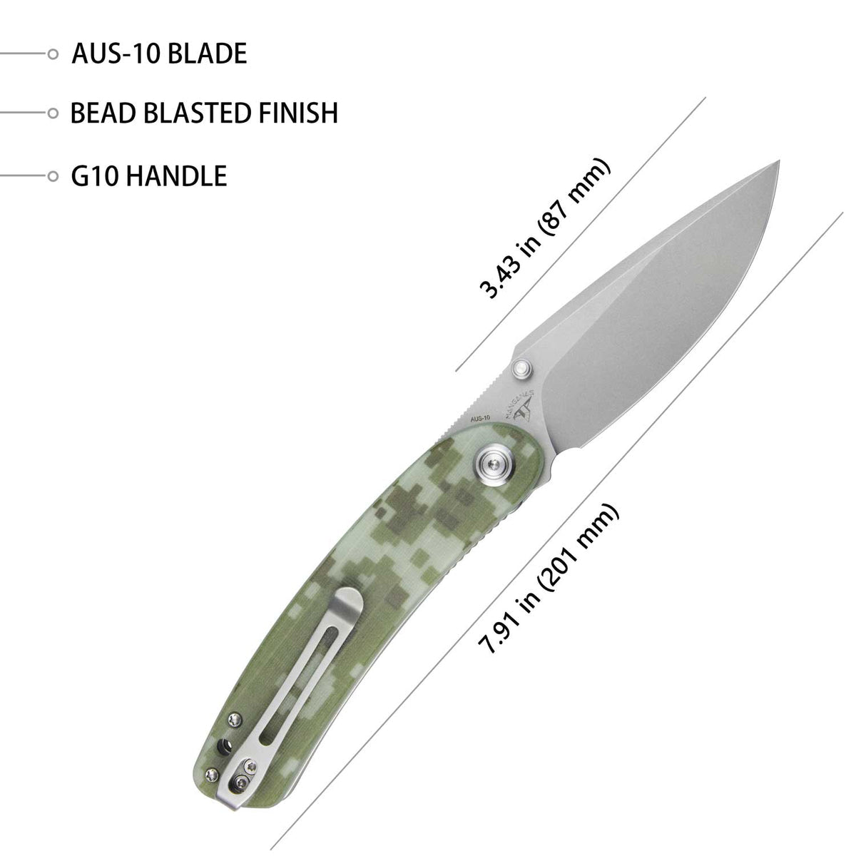 Kubey Momentum Front Flipper Folding Knife 3.43" AUS-10 Bead Blasted Drop Point Blade Digital Camo G10 Handle KU344K