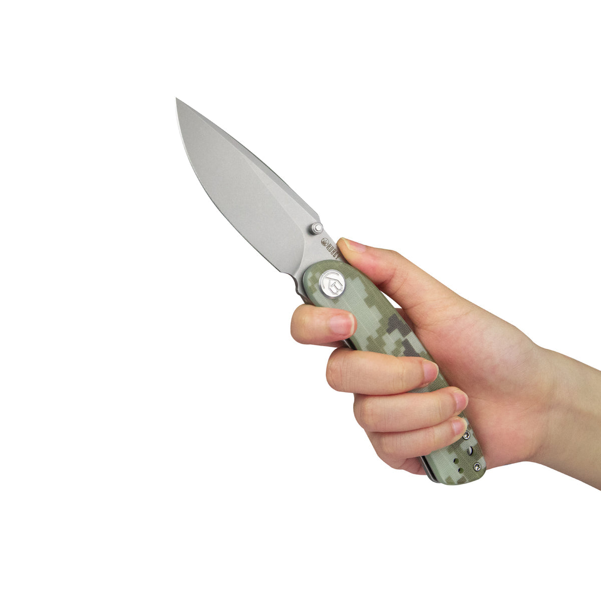 Kubey Momentum Front Flipper Folding Knife 3.43" AUS-10 Bead Blasted Drop Point Blade Digital Camo G10 Handle KU344K