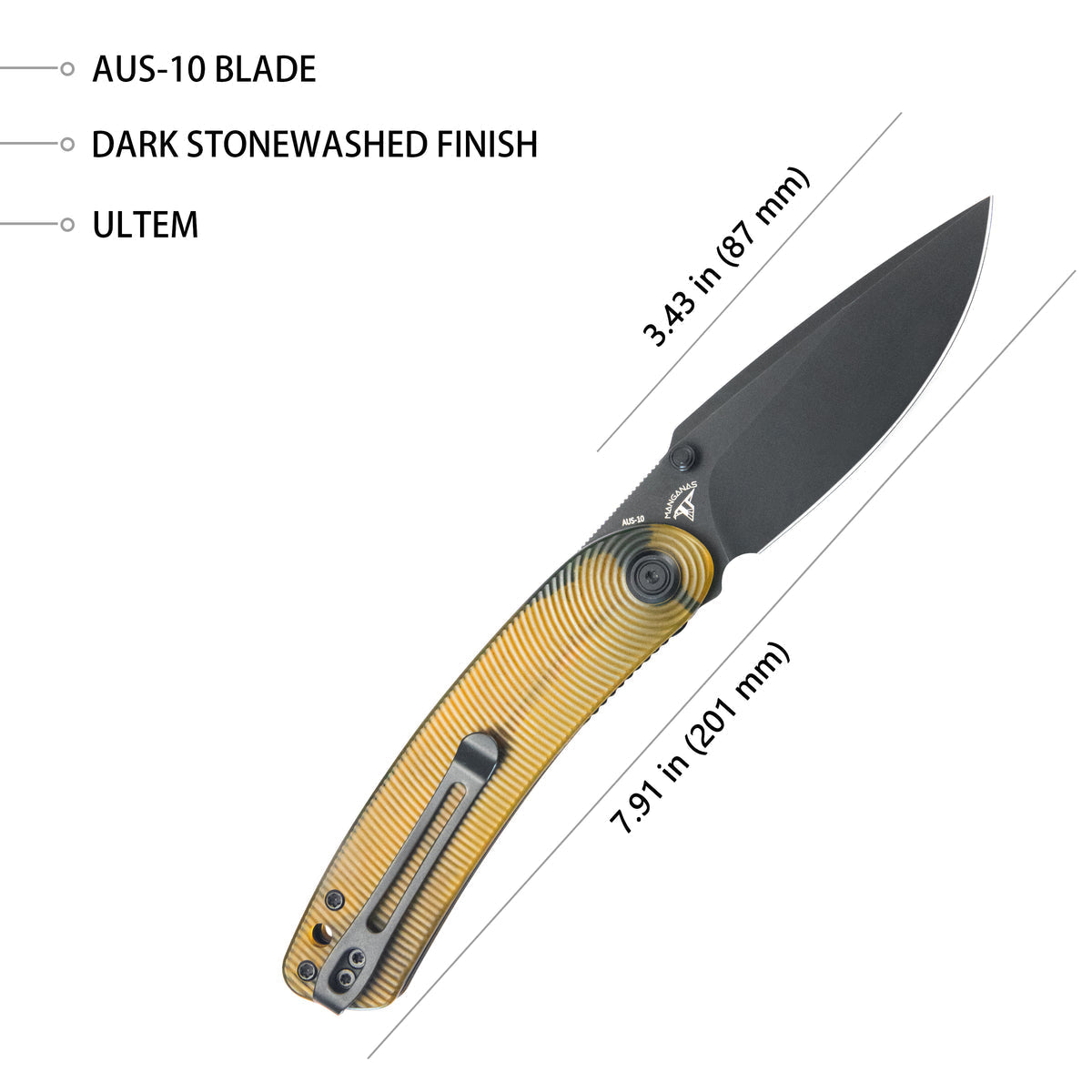 Kubey Momentum Front Flipper Folding Knife 3.43" AUS-10 Dark Stonewash Drop Point Blade Ultem Handle KU344N