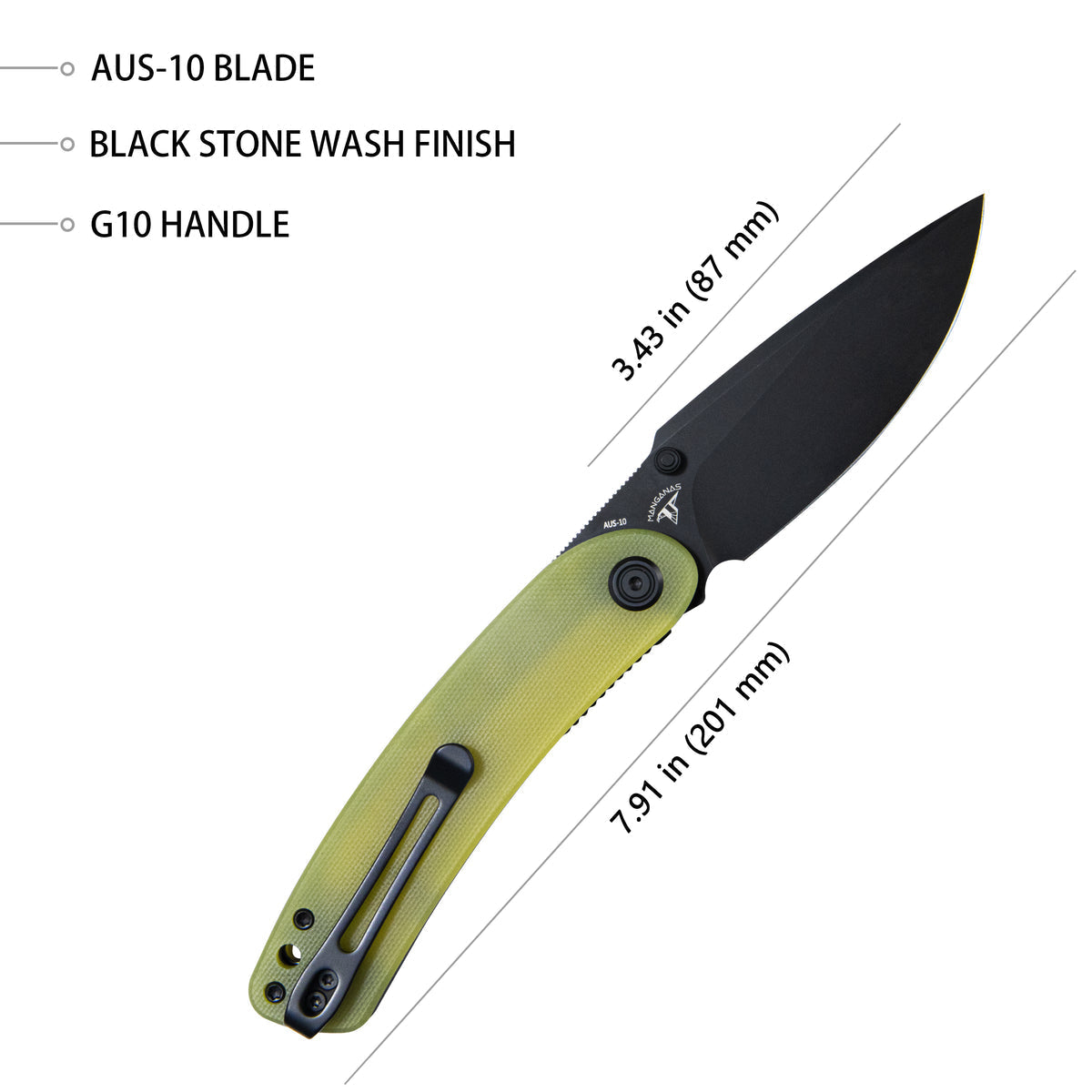 Kubey Momentum Front Flipper Folding Knife 3.43" AUS-10 Dark Stonewash Drop Point Blade Translucent Yellow G10 Handle KU344F