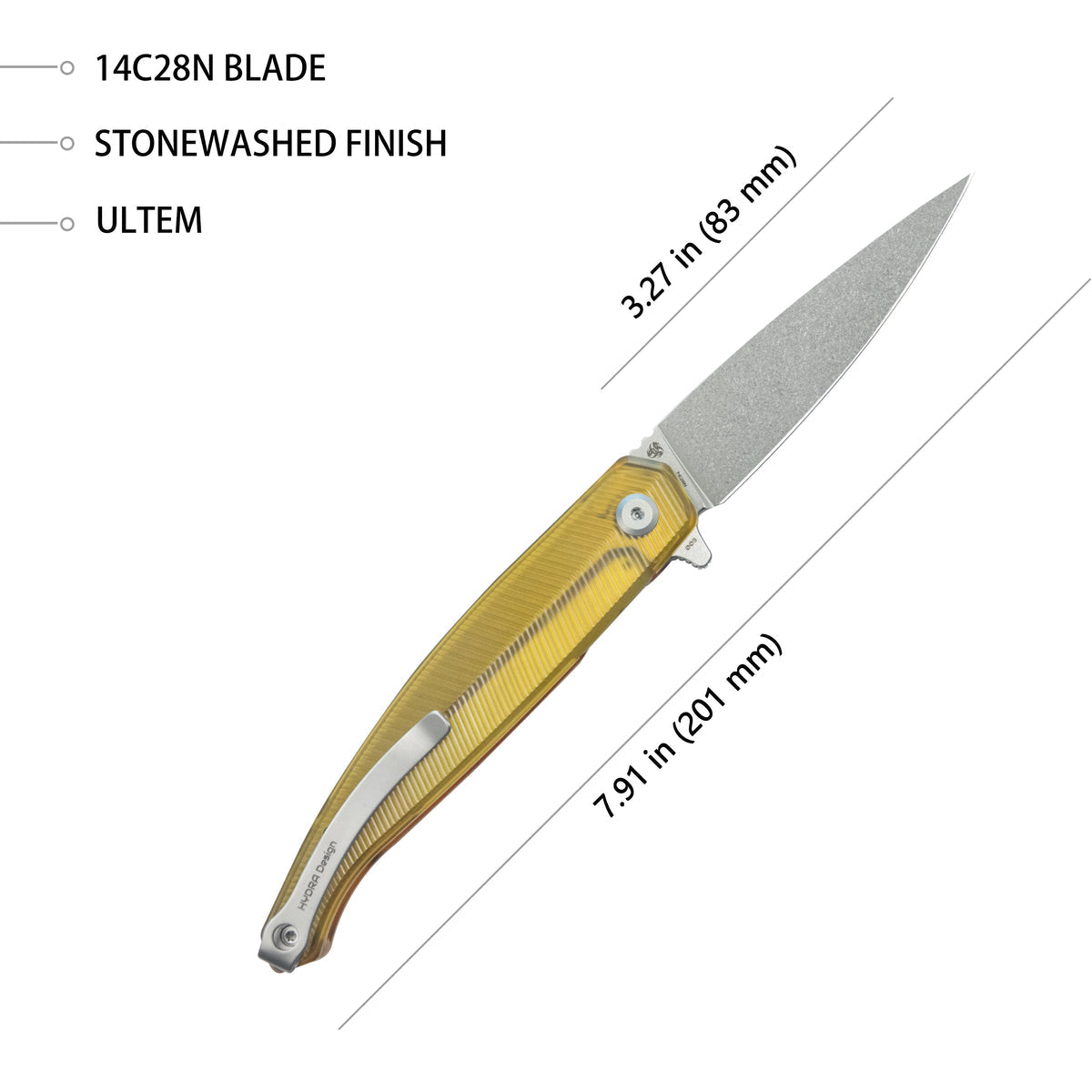 Kubey MOS Outdoor Flipper Folding Knife 3.27" 14C28N Stonewash Spear Point Blade Ultem Handle KU361D