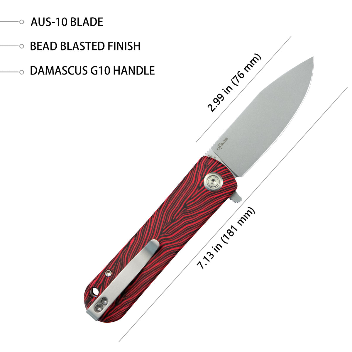 Kubey NEO Outdoor Folding Pocket Knife 3.43" AUS-10 Beadblast Clip Point Blade Red Black Damascus G10 Handle KU371E