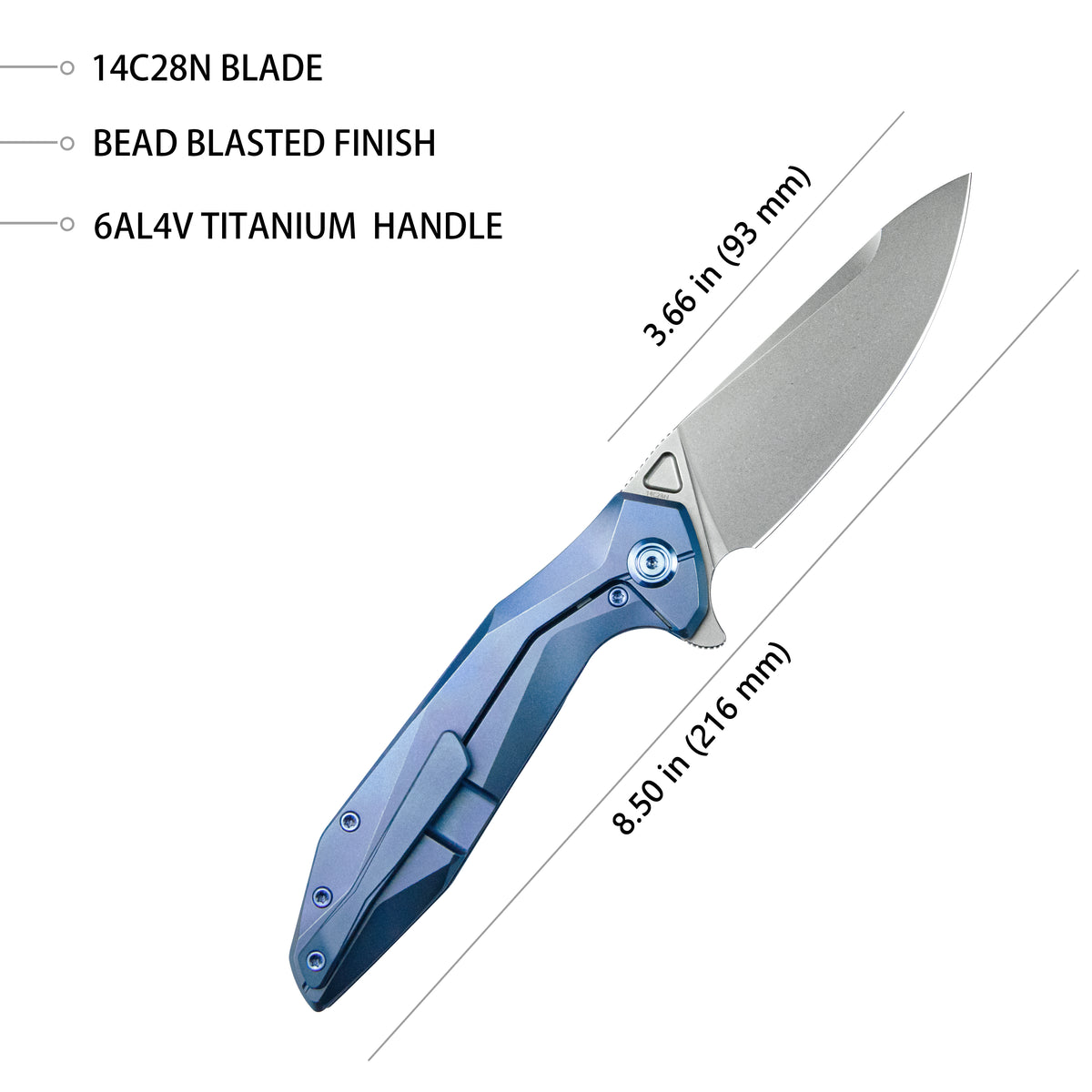 Kubey Nova Folding Knife 3.66" 14C28N Drop Point Bead Blasted Blade Blue Titanium Handle KB235C