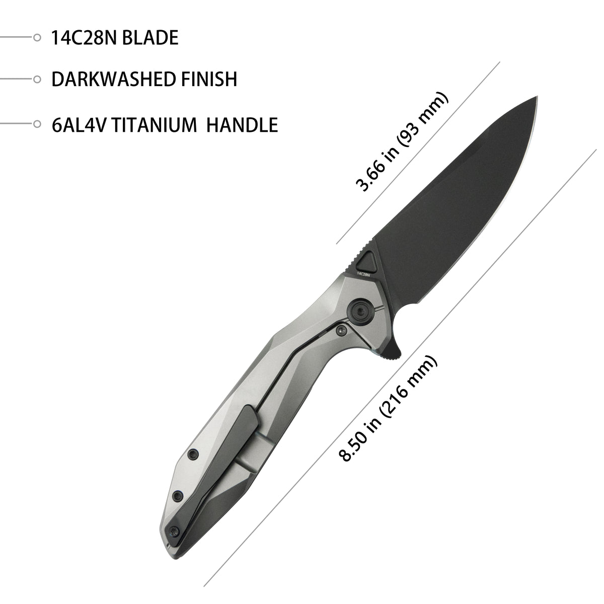 Kubey Nova Folding Knife 3.66" 14C28N Drop Point Darkwashed Blade Gray Titanium Handle KB235E