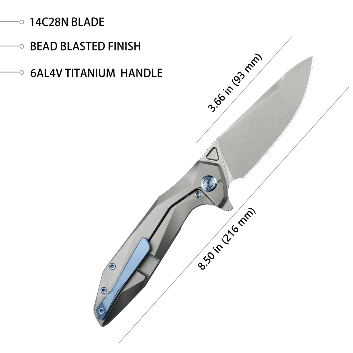 Kubey Nova Folding Knife 3.66" 14C28N Drop Point Bead Blasted Blade Gray Titanium Handle KB235F