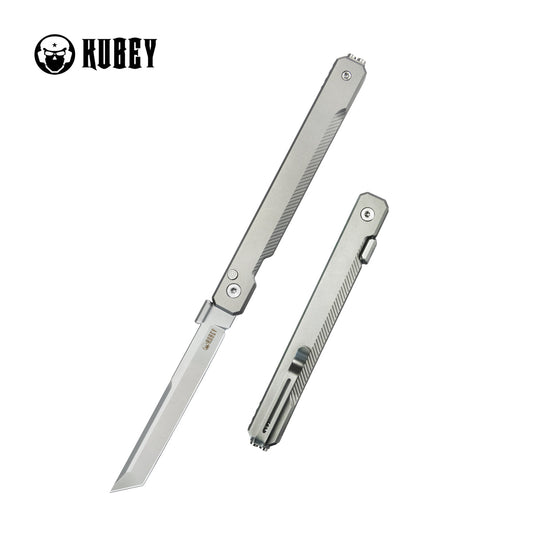 Kubey Prism Button Lock Titanium Folding Knife – 3.5″ 14C28N Tanto