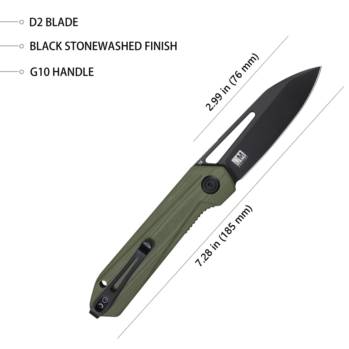 Kubey Royal KUB321F Folding Knife – Black/OD Green G10, 2.99″ D2 Blade