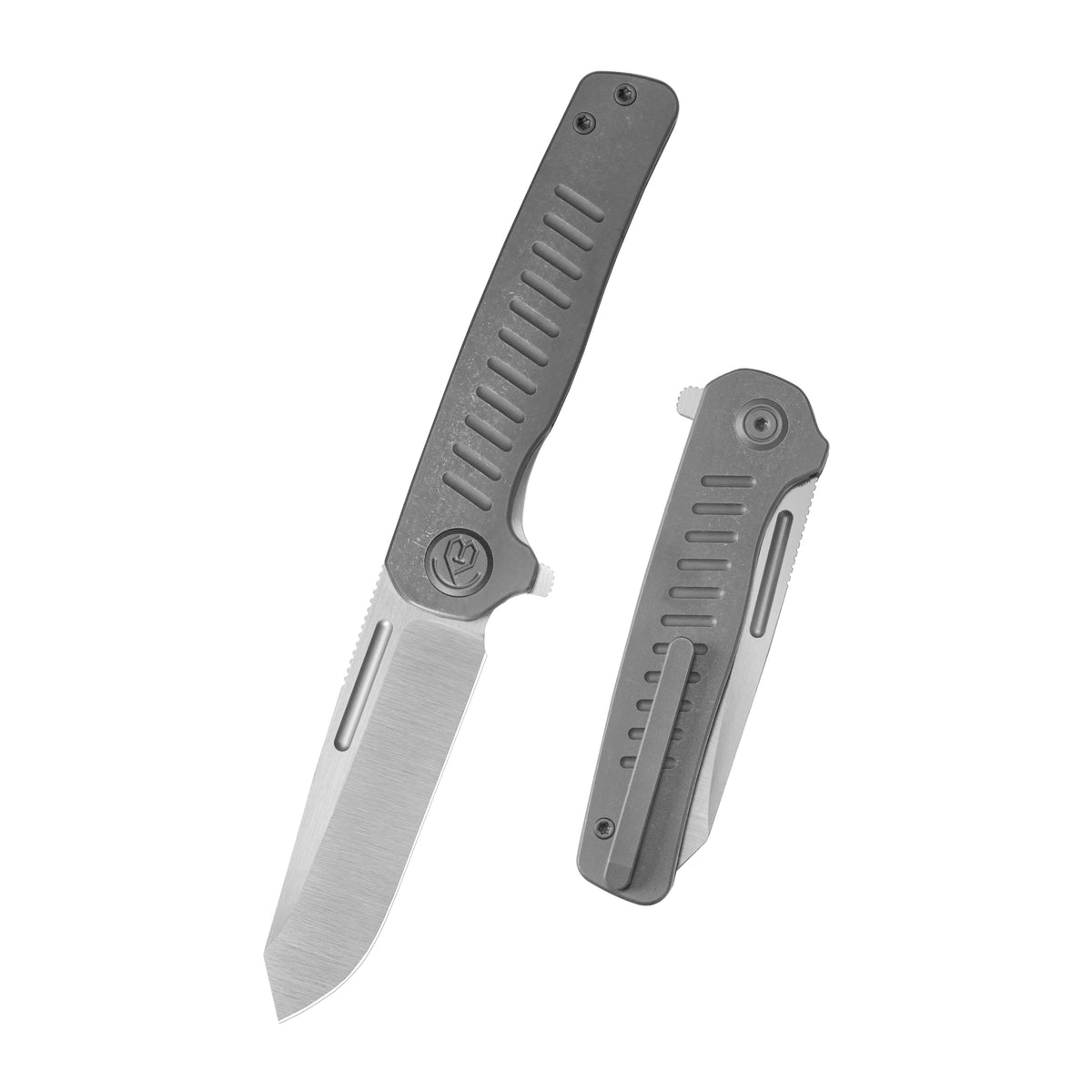 KB Steelhead Folding Knife 3.15" M390 Reverse Tanto Belt Satin Blade Darkwash Titanium Handle KB315B