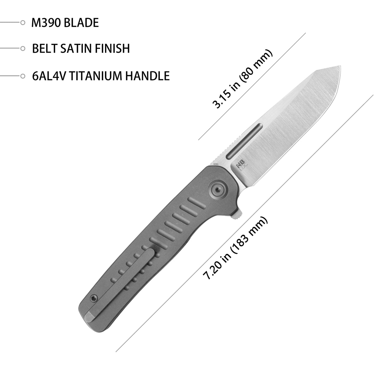 KB Steelhead Folding Knife 3.15" M390 Reverse Tanto Belt Satin Blade Darkwash Titanium Handle KB315B