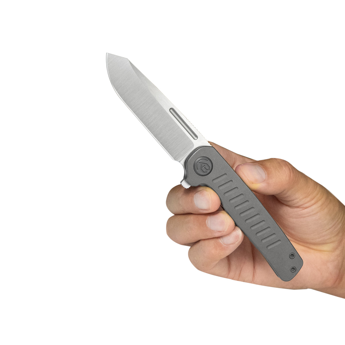 KB Steelhead Folding Knife 3.15" M390 Reverse Tanto Belt Satin Blade Darkwash Titanium Handle KB315B