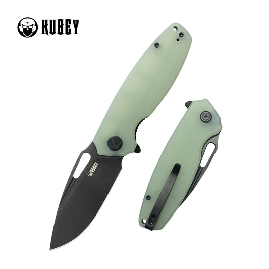 Kubey Tityus Liner Lock Flipper Folding Knife Jade G10 Handle 3.39" Blackwash 14C28N Blade KU322X
