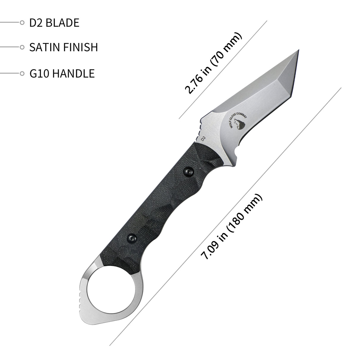 WOLF E-CQC Fixed Blade Knife Black G10 Handle Kydex Sheath 2.76" Satin D2 KU320A