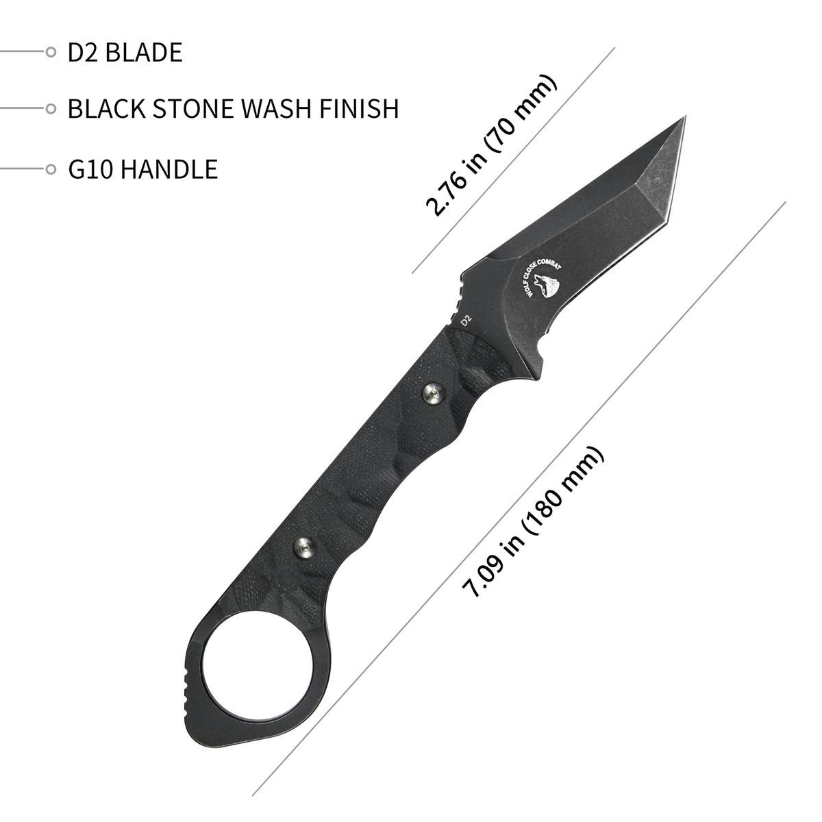 WOLF E-CQC Fixed Blade Knife Black G10 Handle Kydex Sheath 2.76" Dark Stonewashed D2 KU320B