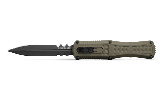 Benchmade Claymore OTF 3370SGY-1 Tactical Knife 3.89in Serrated CPM-D2 Blade Ranger Green Grivory Handles