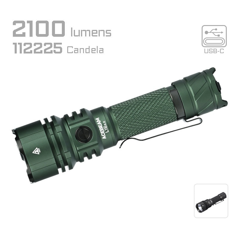 Acebeam L16 2.0 Green 5000K (L16-2.0-Green-5000K) side profile view with 21700 battery