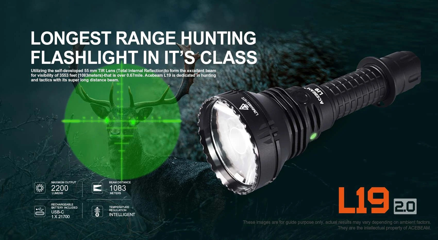 Acebeam L19 2.0 side profile view – green LED hunting flashlight