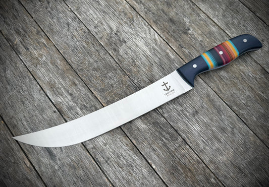 Leucadia Blade Co Ahi Fillet SD Serape GCarta Satin front view – 10" satin stainless fillet and breaking knife, SD Serape GCarta handle
