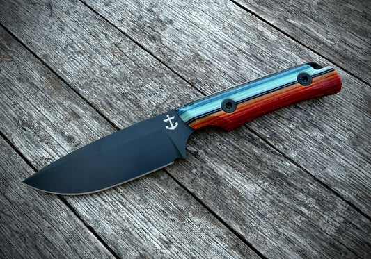 Leucadia Blade Co LandShark Mexican Blanket GCarta Black DLC front view – 3.5" black DLC MagnaCut drop point fixed blade, Mexican Blanket GCarta handle