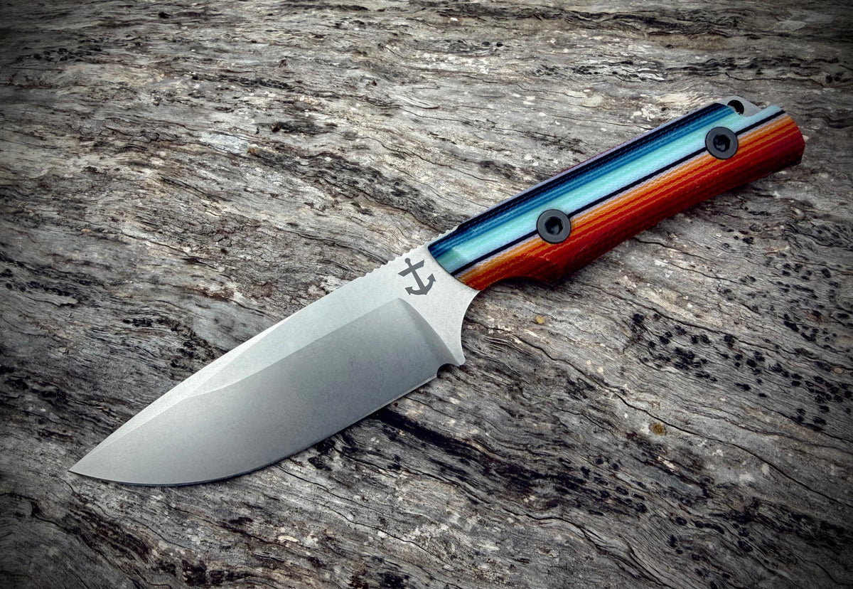 Leucadia Blade Co LandShark Mexican Blanket GCarta Stonewash front view – 3.5" stonewash MagnaCut drop point fixed blade, Mexican Blanket GCarta handle